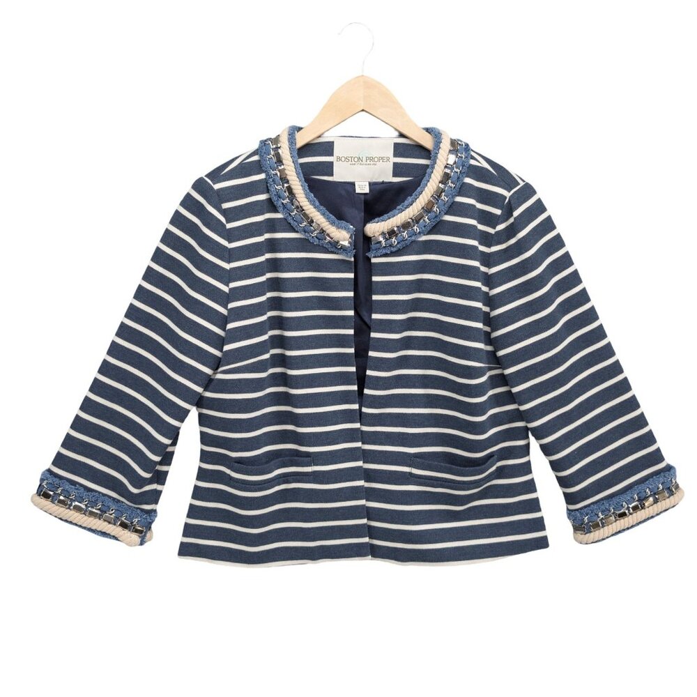 Boston Proper Nautical Stripe Blazer Womens Blue Cream Chain Trim Jacket Size 14